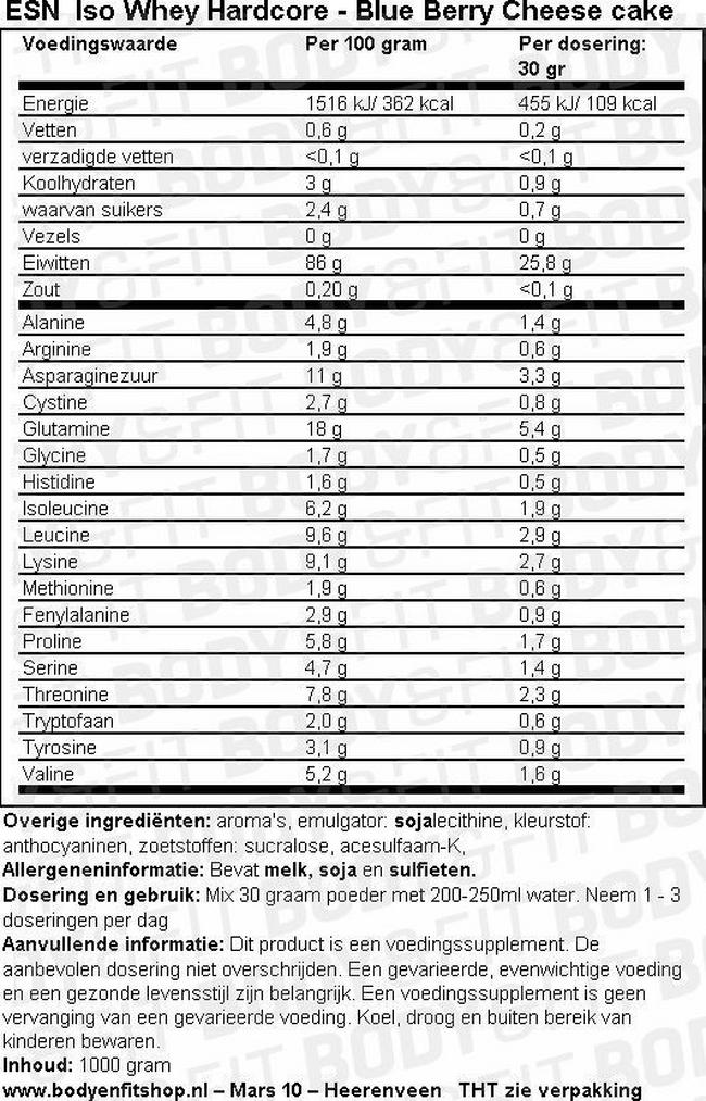 Voedingswaarde label van Iso Whey Hardcore