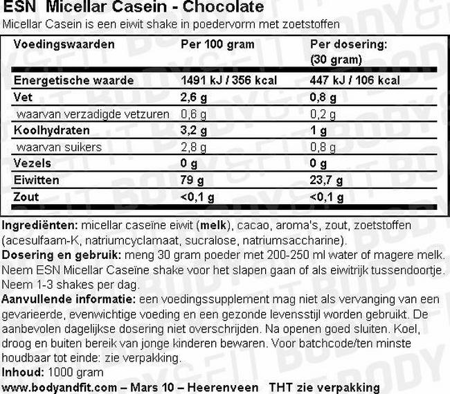 Voedingswaarde label van Micellar Casein