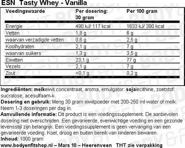 Voedingswaarde label Tasty Whey