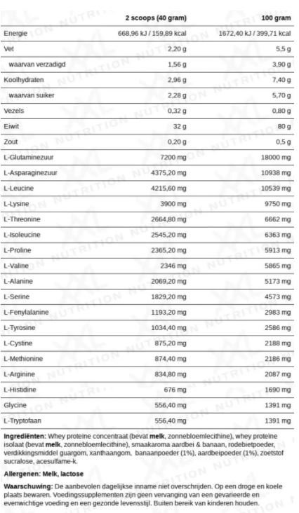 Voedingswaarde Whey Delicious XXL Nutrition label