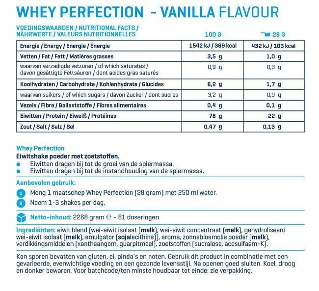 Whey Perfection vanille voedingswaarde label