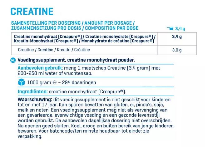 Voedingswaarde label Creatine Creapure van Body&Fit