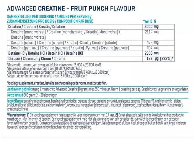 Voedingswaarde label Advanced Creatine Body en Fit