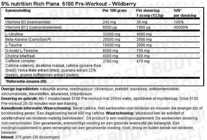 Voedingswaarde van 5051 Pre workout van 5% Nutrition Rich Piana