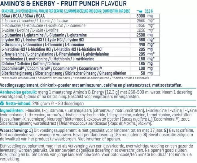 Voedingswaarde overzicht aminos en energy van Body en Fit