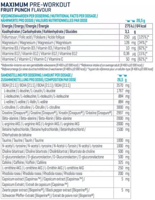 Voedingswaarde Maximum Pre Workout van Body en Fit
