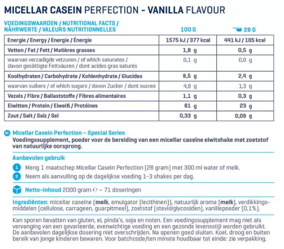 Voedingswaarde van Micellar Casein Perfection Special Series Body en Fit