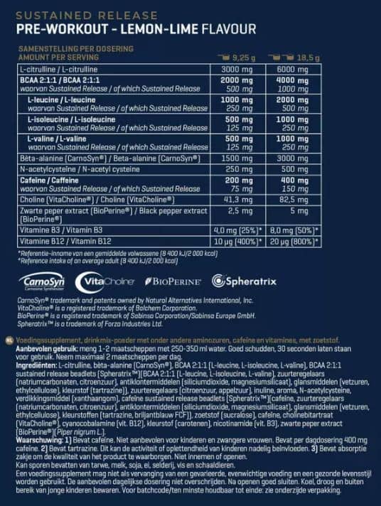 Voedingswaarde Sustained Pre Workout