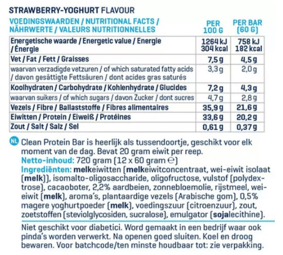 Voedingswaarde Clean Protein Bar van Body en Fit