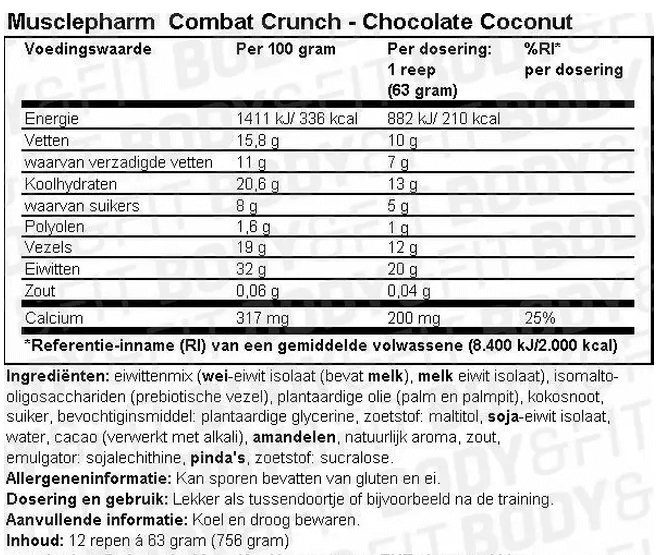 Voedingswaarde Combat Crunch Bar van Mucle Pharm