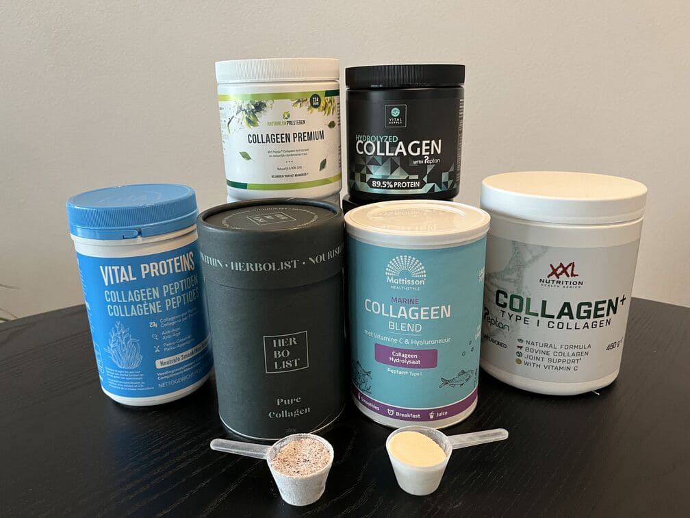 Collagen+ van XXL Nutrition, Collageen Premium van Natuurlijk Presteren, Vital Proteins Collagen, Herbolist Pure Collagen, Marine Collageen Blend van Mattisson en Collageen van Vital Supply in InfoFitness.nl supplementen test