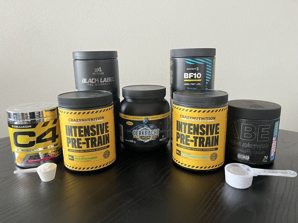 C4 Orginal van Cellucor, ABE Pre workout, Oerkracht Pre van Matchu Sports, BF10 van Body & Fit, Intensive Pre Train van Crazy Nutrition en Black Label pre workout van XXL Nutrition in supplementen test van InfoFitness.nl