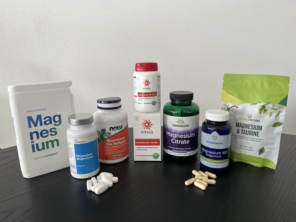 Magnesium & Taurine van Natuurlijk Presteren, Magnesium 150 Bisglycinaat 150 van Vitakruid, Magnesium Citrate van Swanson, Magnesium 100 mg van Vitals, Magnesium Bisglycinaat van Nutribites, Daily Essentials Magnesium van Vitaminecompleet en Magnesium Trio Softgels van Now in supplementen test van InfoFitness.nl