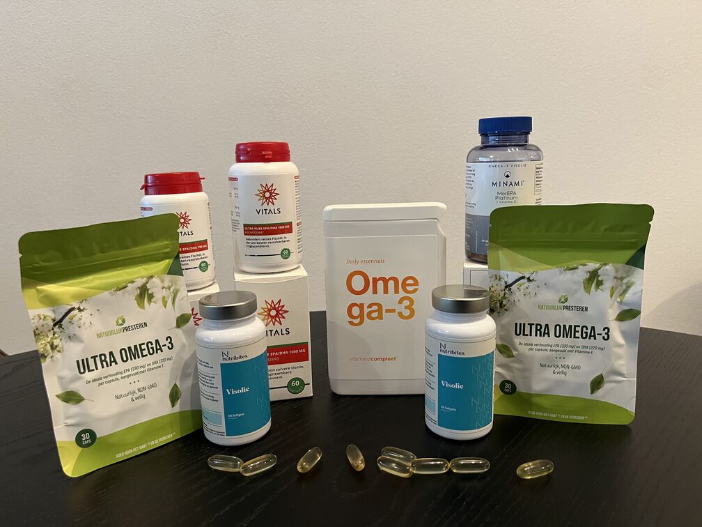 Omega 3 Visolie test door InfoFitness.nl met omega 3 van Vitals, NatuurlijkPresteren, Nutribites en Minami