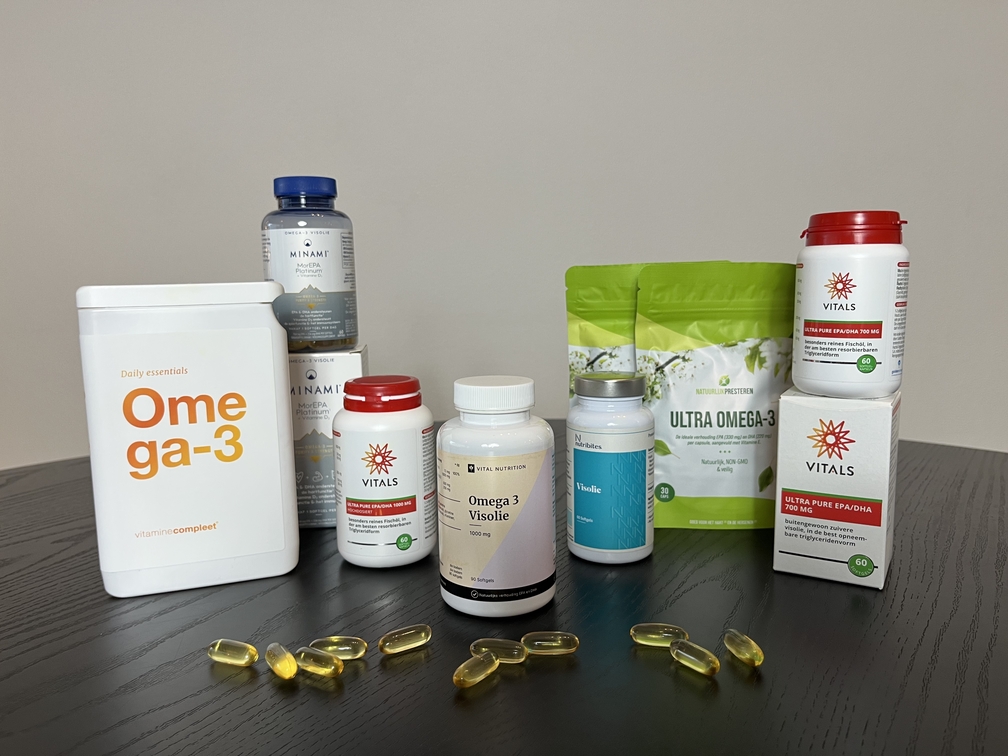 Omega 3 Visolie test door InfoFitness.nl met omega 3 van Vital Nutrition,  Vitals, NatuurlijkPresteren, Nutribites en Minami