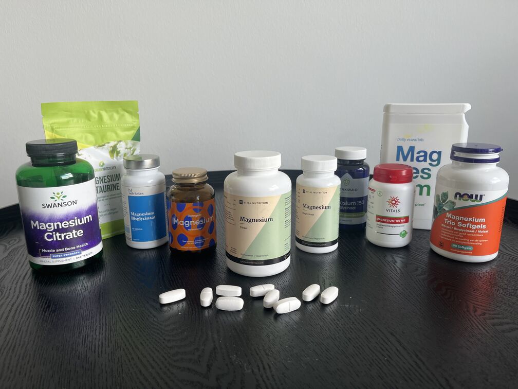 Magnesium van Vital Nutrition, Orangefit, Vitaminecompleet, Nutribites, Natuurlijk Presteren, Vitakruid, Swanson, Vitals, en NOW in supplementen test van InfoFitness.nl