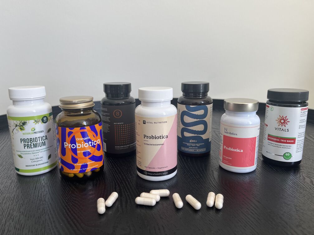 Probiotica van Vital Nutrition, Probiotica van Orangefit, Gut+, Micriobiol Trio Basis en Micribiol Trio Platinum van Vitals, Biotics 8, probiotica van Nutribites en van Mattisson in beste probiotica test uitgevoerd door InfoFitness.nl