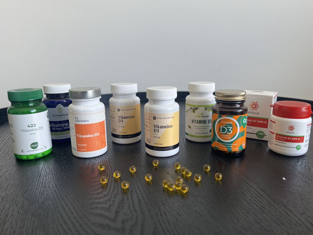 Vitamine D3 van Vital Nutrition, Orangefit, Vitakruid, AOV, Vitals, Natuurlijk Presteren en Nutribites in vitamine D3 test van InfoFitness.nl