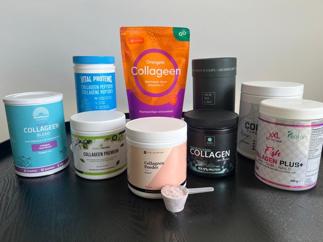 Collageen Poeder - Peptan van Vital Nutrition, Colageen Orangefit, Collagen+ van XXL Nutrition, Collageen Premium van Natuurlijk Presteren, Vital Proteins Collagen, Herbolist Pure Collagen, Marine Collageen Blend van Mattisson en Collageen van Vital Supply in InfoFitness.nl supplementen test