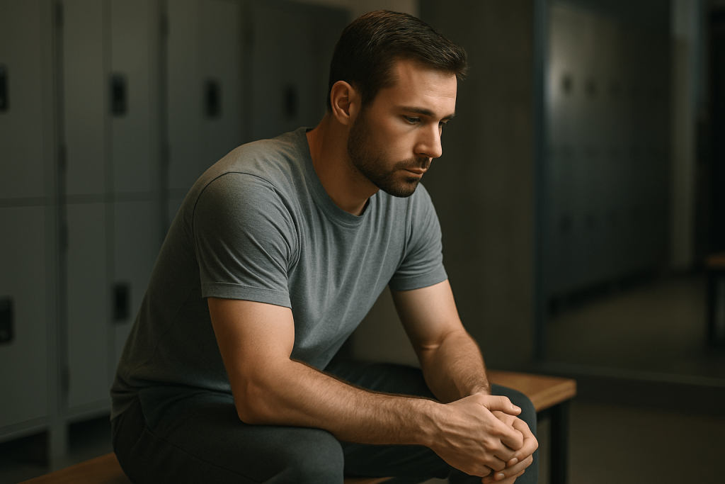 man op bankje in sportschool kleedkamer