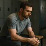 man op bankje in sportschool kleedkamer