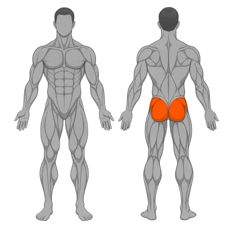 Anatomische illustratie van het onderlichaam met de bilspieren in oranje gemarkeerd