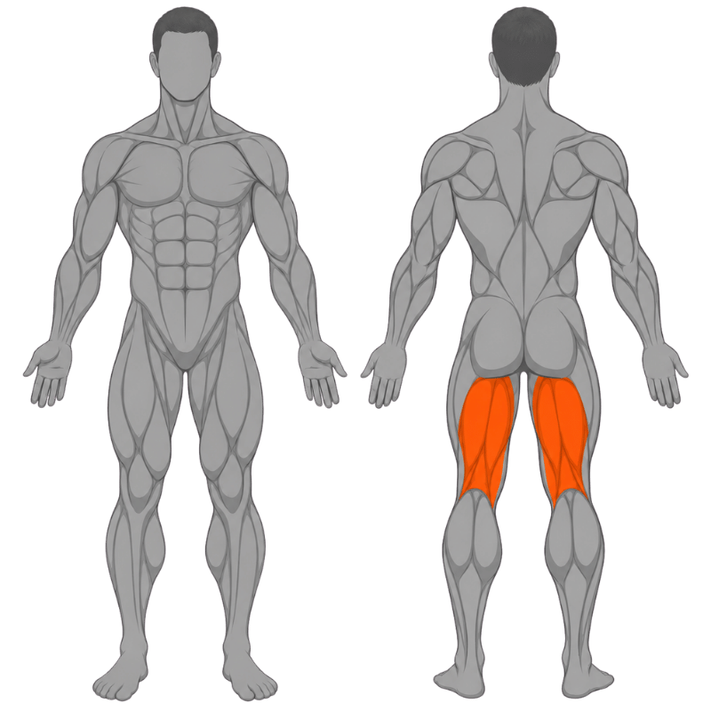 Anatomische illustratie van de achterkant van de bovenbenen met de hamstrings in oranje gemarkeerd