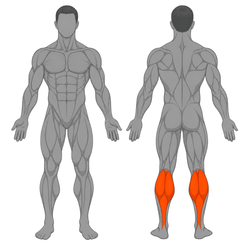 Anatomische illustratie van de onderbenen met de kuitspieren in oranje gemarkeerd