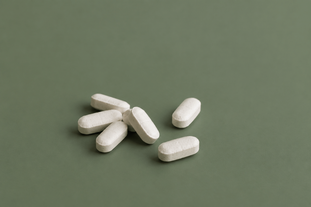 Magnesium bisglycinaat tabletten op een groene achtergrond